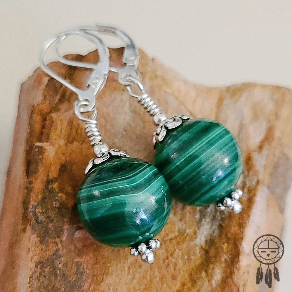 Malachite Gemstone Earrings 925 Sterling Silver Dangles Artisan Handcrafted - Picture 7 of 8